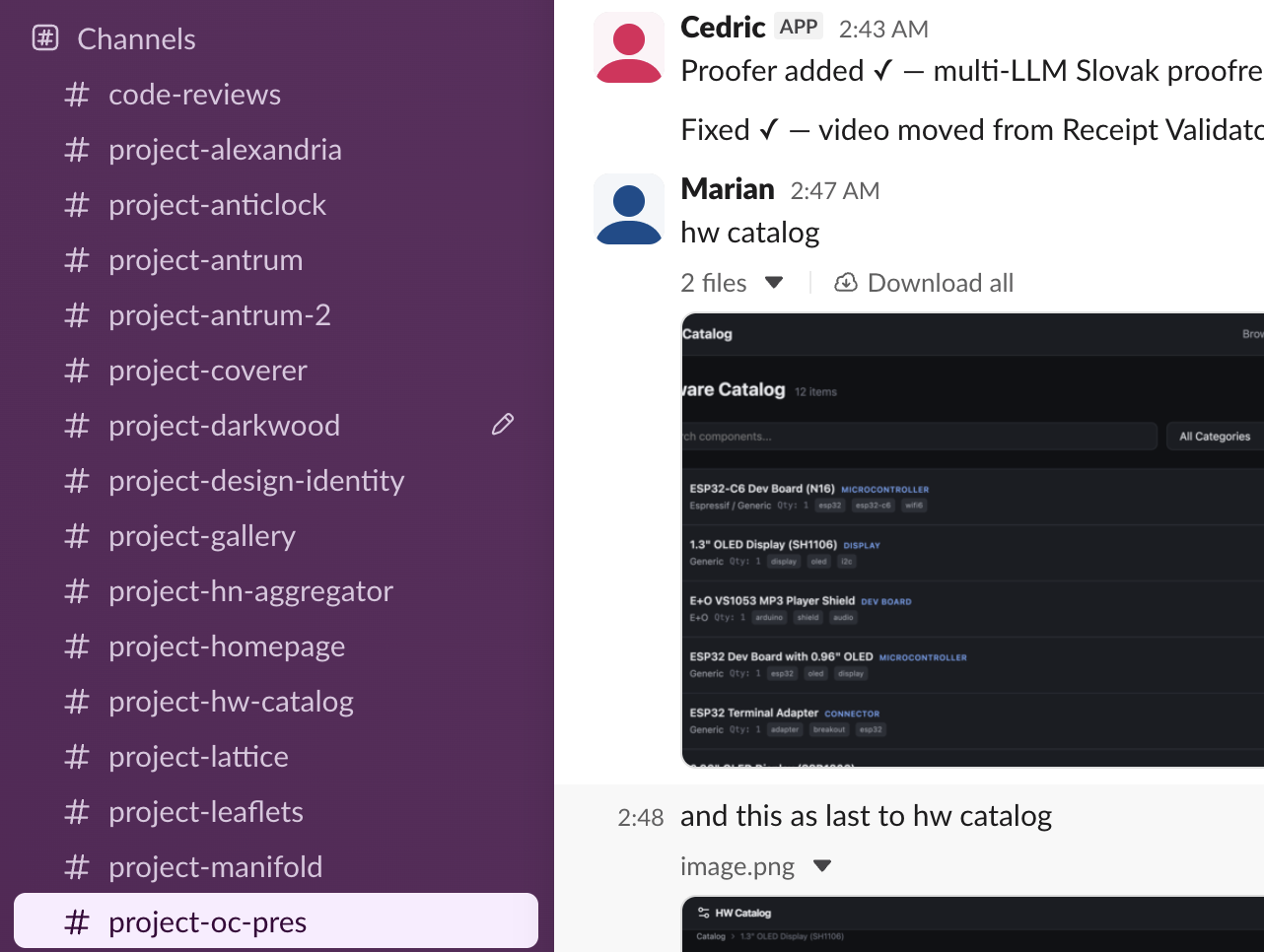 Slack workspace with project channels